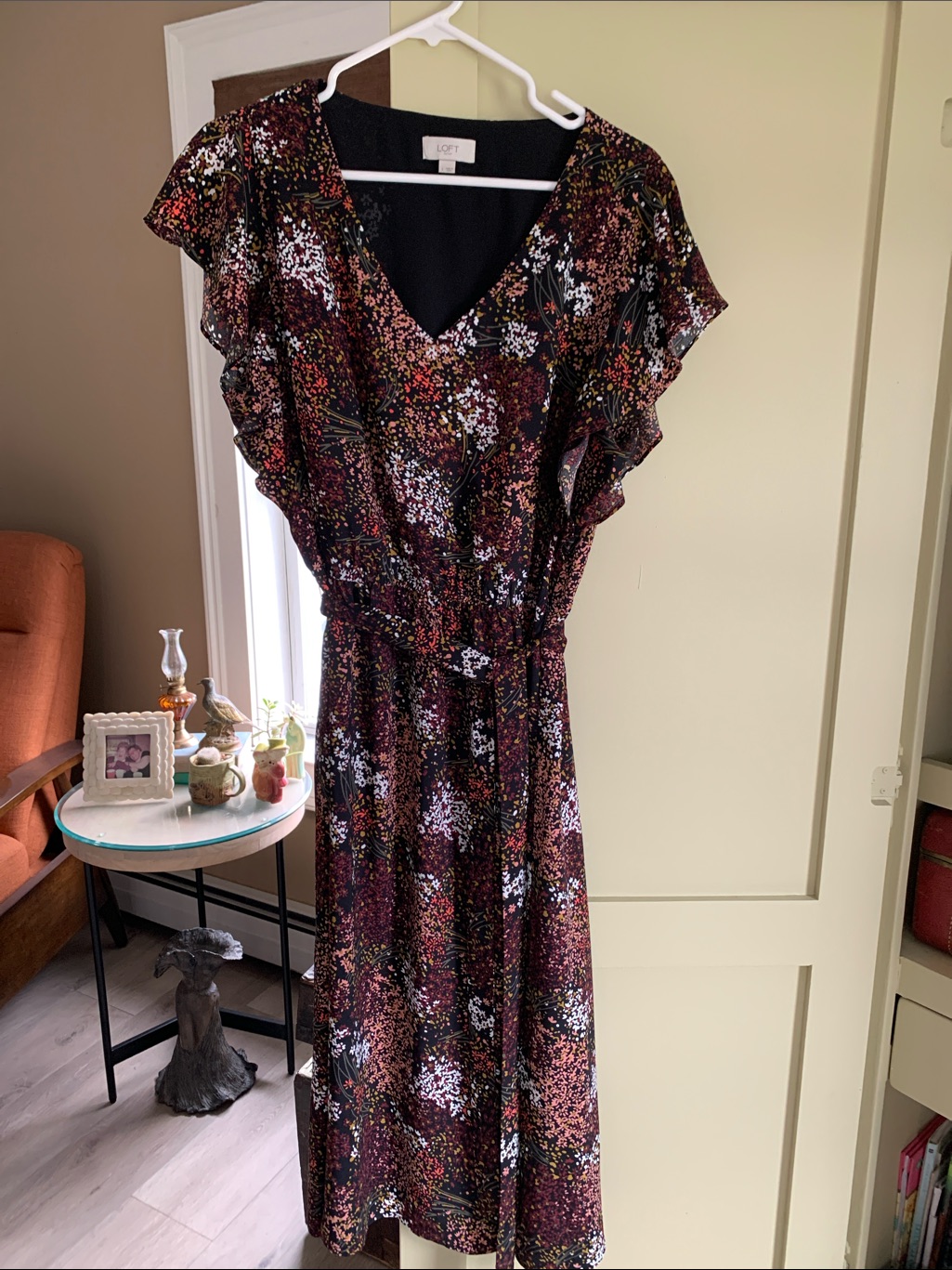 Loft Black Floral-Print V-Neck Midi Dress